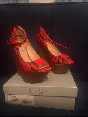 Jessica Simpson bright Red, purple and Black Snake-Print Wedge Sandals